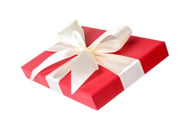 Photo of Beautiful gift box lid with bow isolated on white