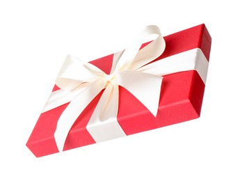 Photo of Beautiful gift box lid with bow isolated on white
