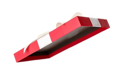 Photo of Beautiful gift box lid with bow isolated on white