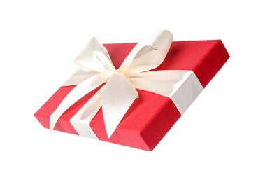 Photo of Beautiful gift box lid with bow isolated on white