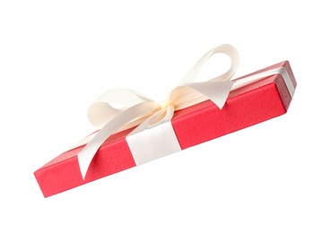 Photo of Beautiful gift box lid with bow isolated on white