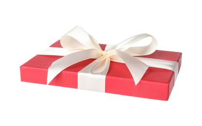 Photo of Beautiful gift box lid with bow isolated on white