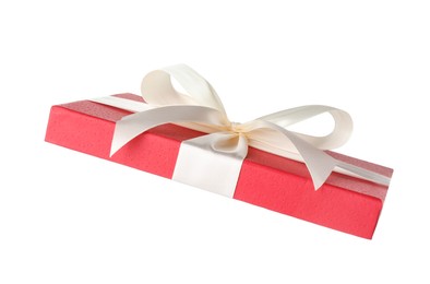 Photo of Beautiful gift box lid with bow isolated on white