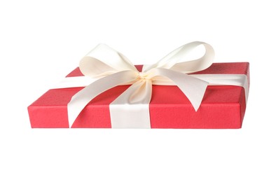 Photo of Beautiful gift box lid with bow isolated on white