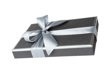 Photo of Beautiful gift box lid with bow isolated on white