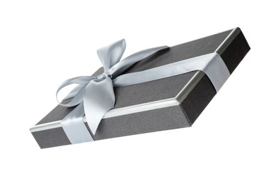Photo of Beautiful gift box lid with bow isolated on white