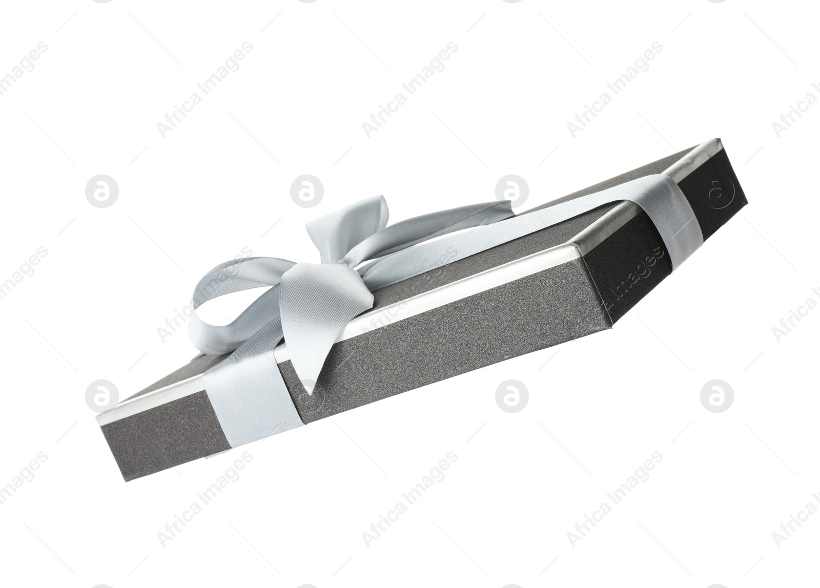Photo of Beautiful gift box lid with bow isolated on white