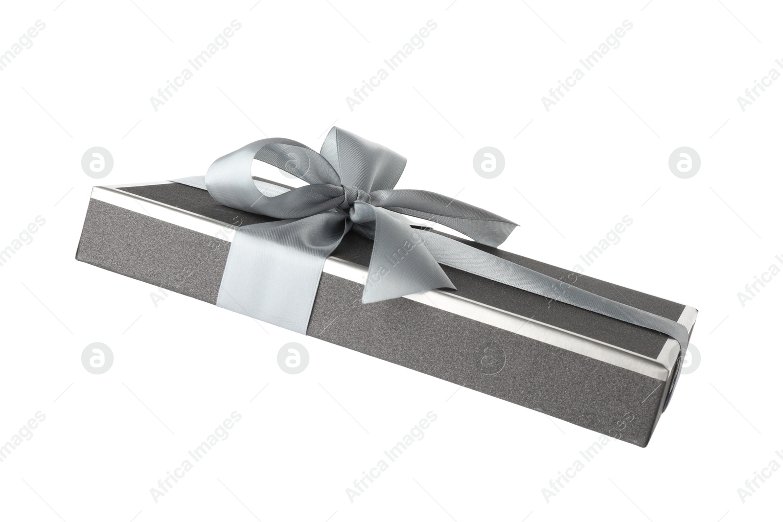 Photo of Beautiful gift box lid with bow isolated on white