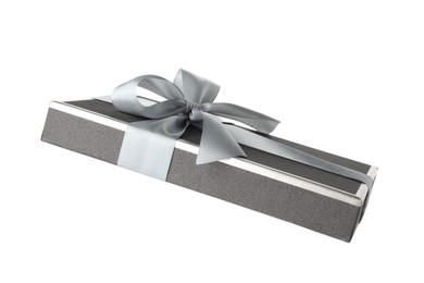 Photo of Beautiful gift box lid with bow isolated on white
