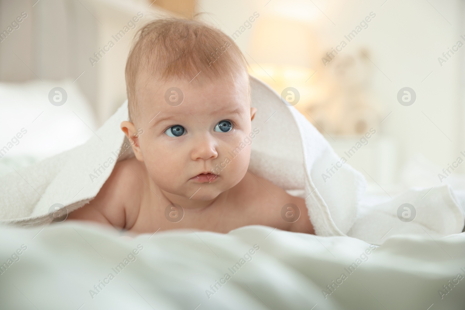 Photo of Cute baby covering with towel after bathing on bed, closeup