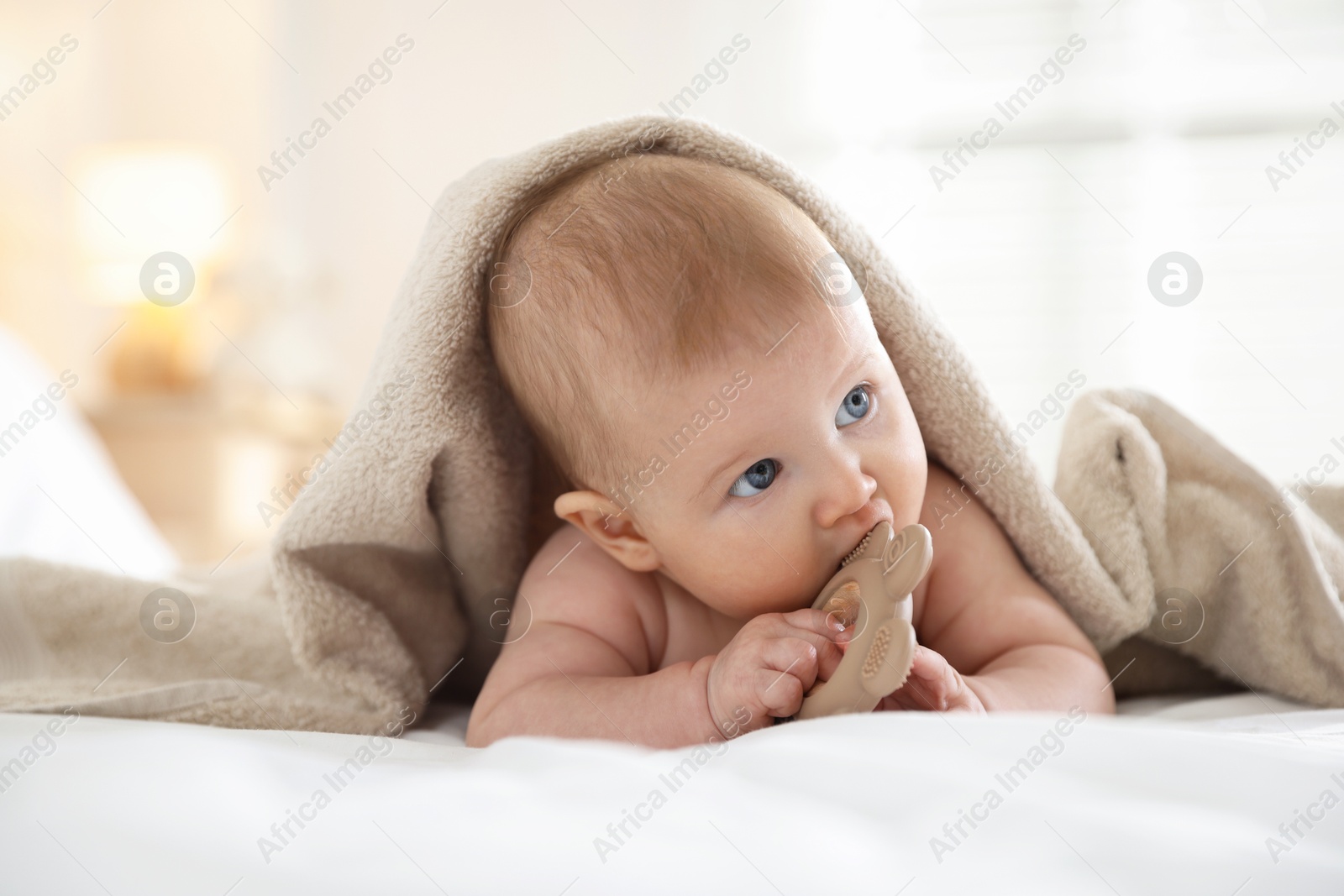 Photo of Cute baby covering with brown towel with teether after bathing on bed, closeup