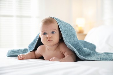 Photo of Cute baby covering with blue towel after bathing on bed, closeup