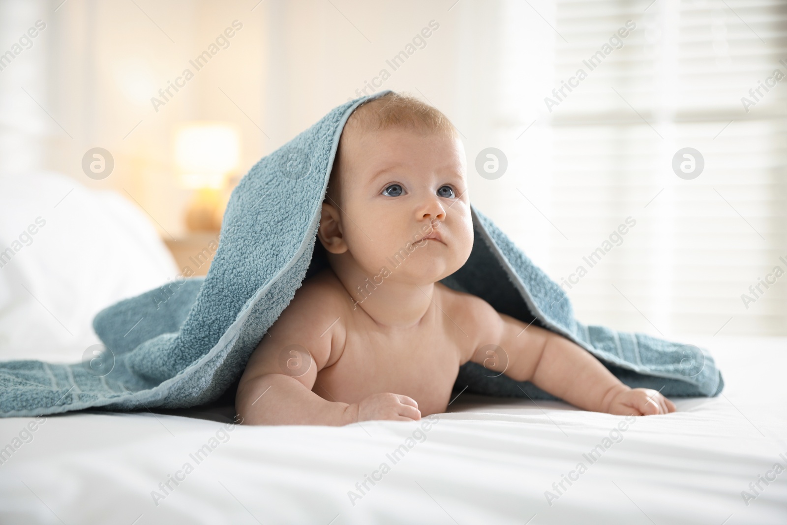 Photo of Cute baby covering with blue towel after bathing on bed, closeup