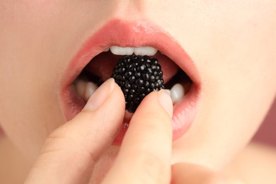 Photo of Woman with beautiful lips makeup and blackberry, closeup