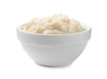 Photo of Tasty horseradish sauce in bowl isolated on white
