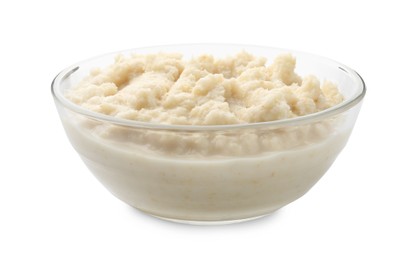 Photo of Tasty horseradish sauce in glass bowl isolated on white