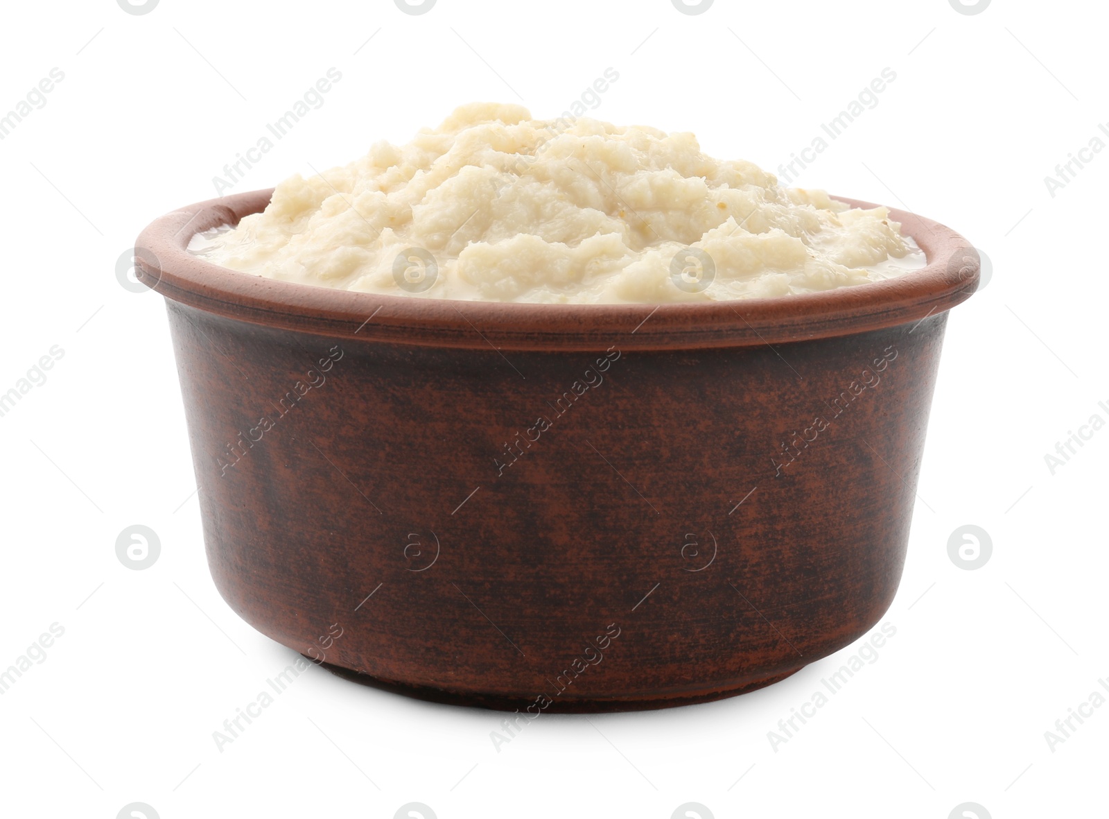 Photo of Tasty horseradish sauce in bowl isolated on white