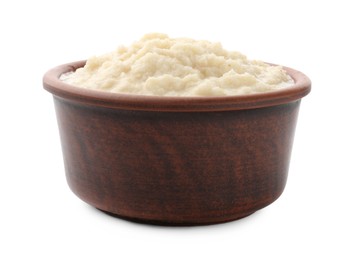 Photo of Tasty horseradish sauce in bowl isolated on white