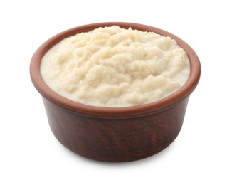 Photo of Tasty horseradish sauce in bowl isolated on white