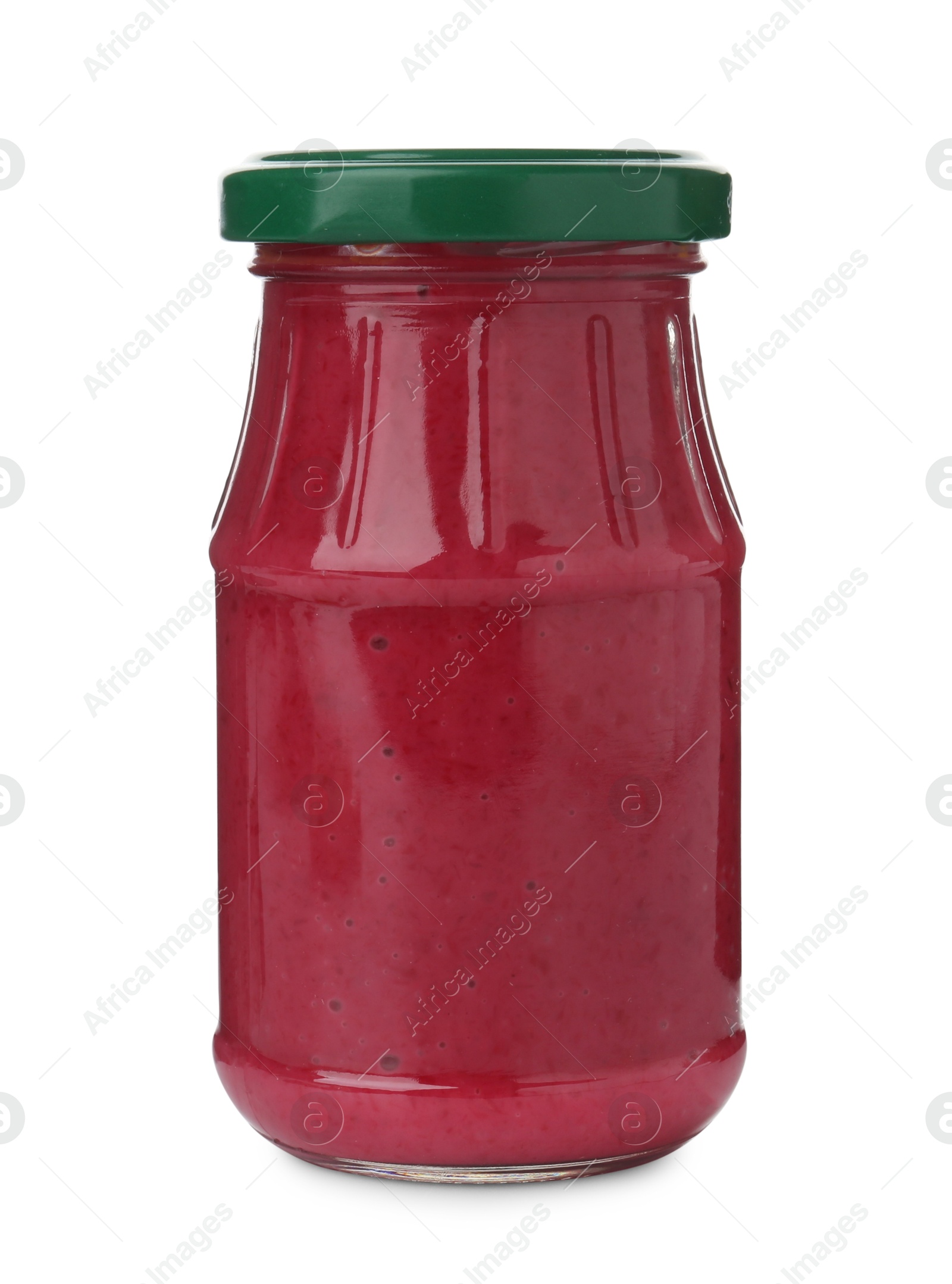 Photo of Tasty horseradish sauce with beetroot in glass jar isolated on white