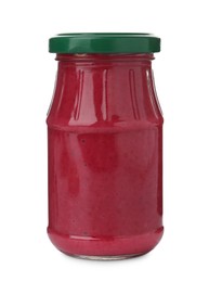 Photo of Tasty horseradish sauce with beetroot in glass jar isolated on white