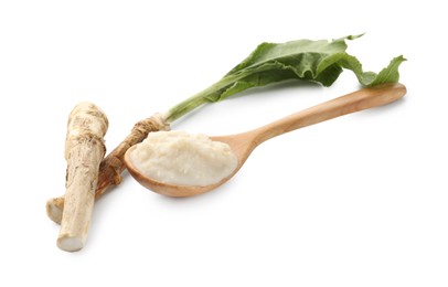 Photo of Tasty horseradish sauce in spoon, roots and leaves isolated on white