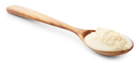 Photo of Tasty horseradish sauce in spoon isolated on white