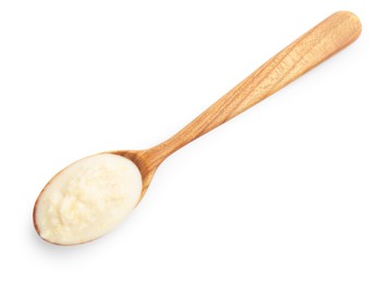 Photo of Tasty horseradish sauce in spoon isolated on white, top view
