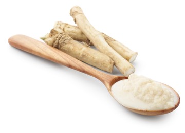 Photo of Tasty horseradish sauce in spoon and roots isolated on white