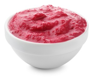 Photo of Tasty horseradish sauce with beetroot in bowl isolated on white