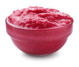 Photo of Tasty horseradish sauce with beetroot in bowl isolated on white