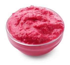 Photo of Tasty horseradish sauce with beetroot in bowl isolated on white