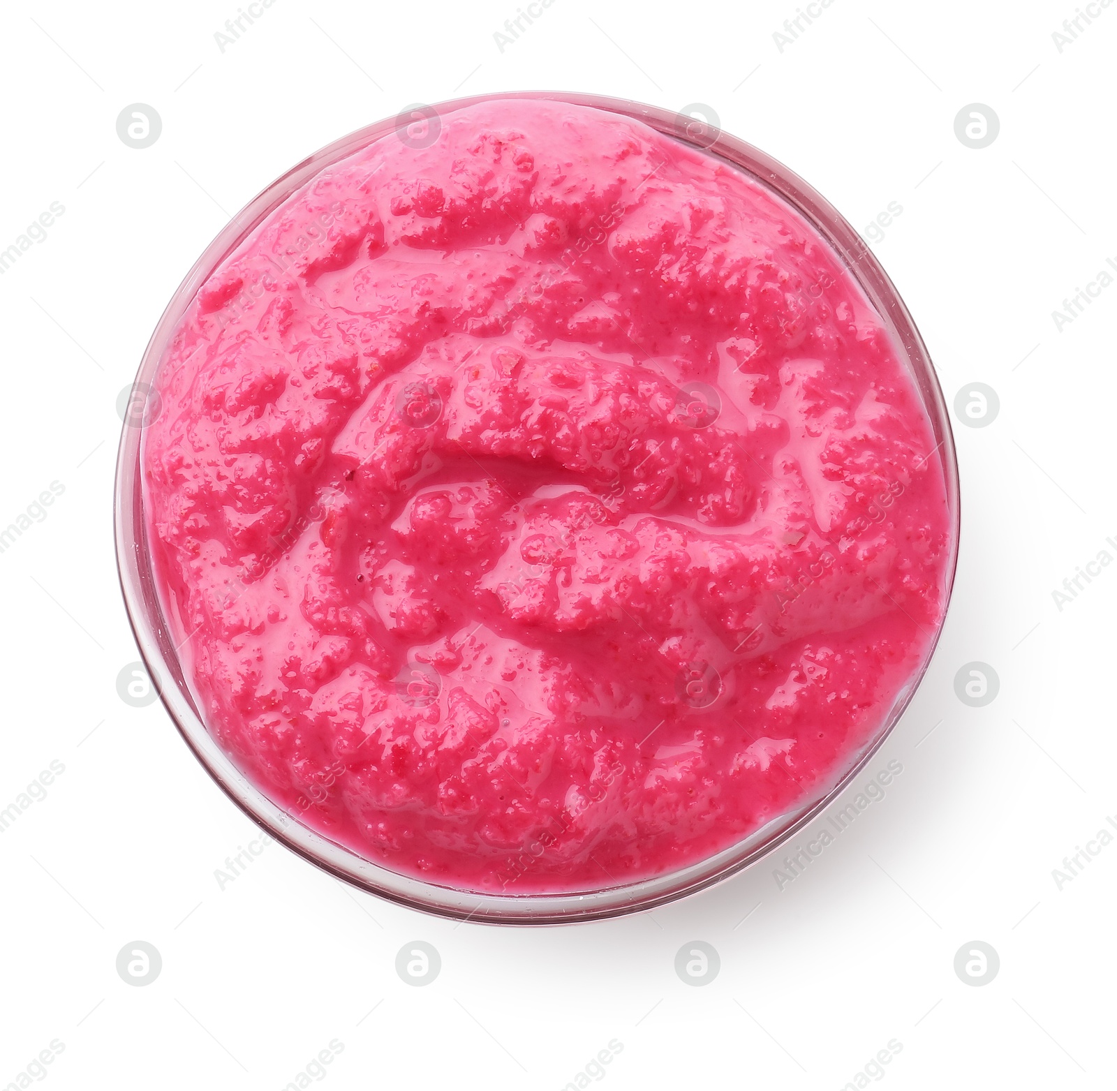 Photo of Tasty horseradish sauce with beetroot in bowl isolated on white, top view