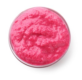 Photo of Tasty horseradish sauce with beetroot in bowl isolated on white, top view