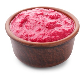 Photo of Tasty horseradish sauce with beetroot in bowl isolated on white