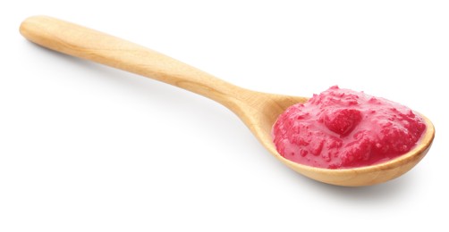 Photo of Tasty horseradish sauce with beetroot in spoon isolated on white