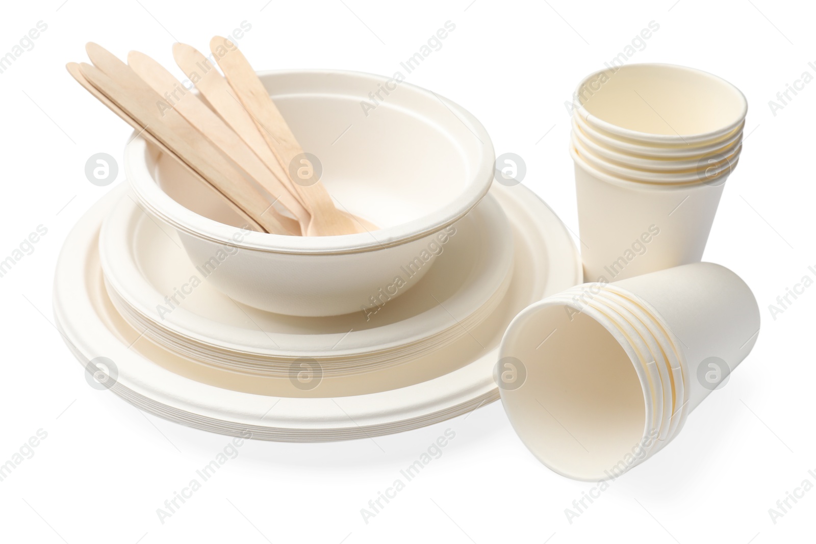 Photo of Set of disposable tableware isolated on white