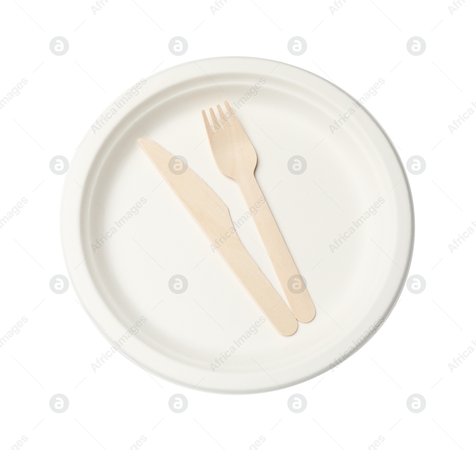 Photo of Disposable plate and cutlery isolated on white, top view