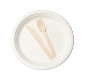 Photo of Disposable plate and cutlery isolated on white, top view