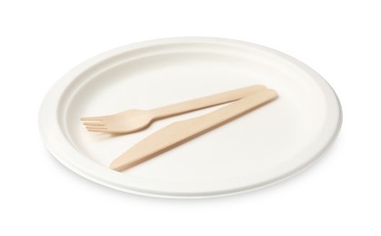 Photo of Disposable plate and cutlery isolated on white