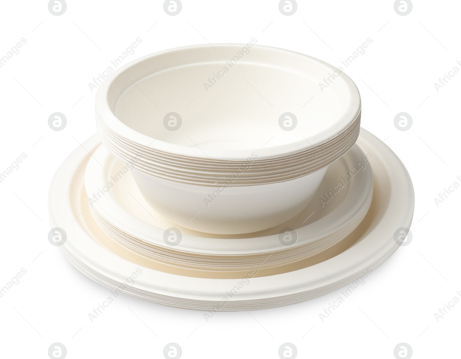 Photo of Set of disposable bowls and plates isolated on white