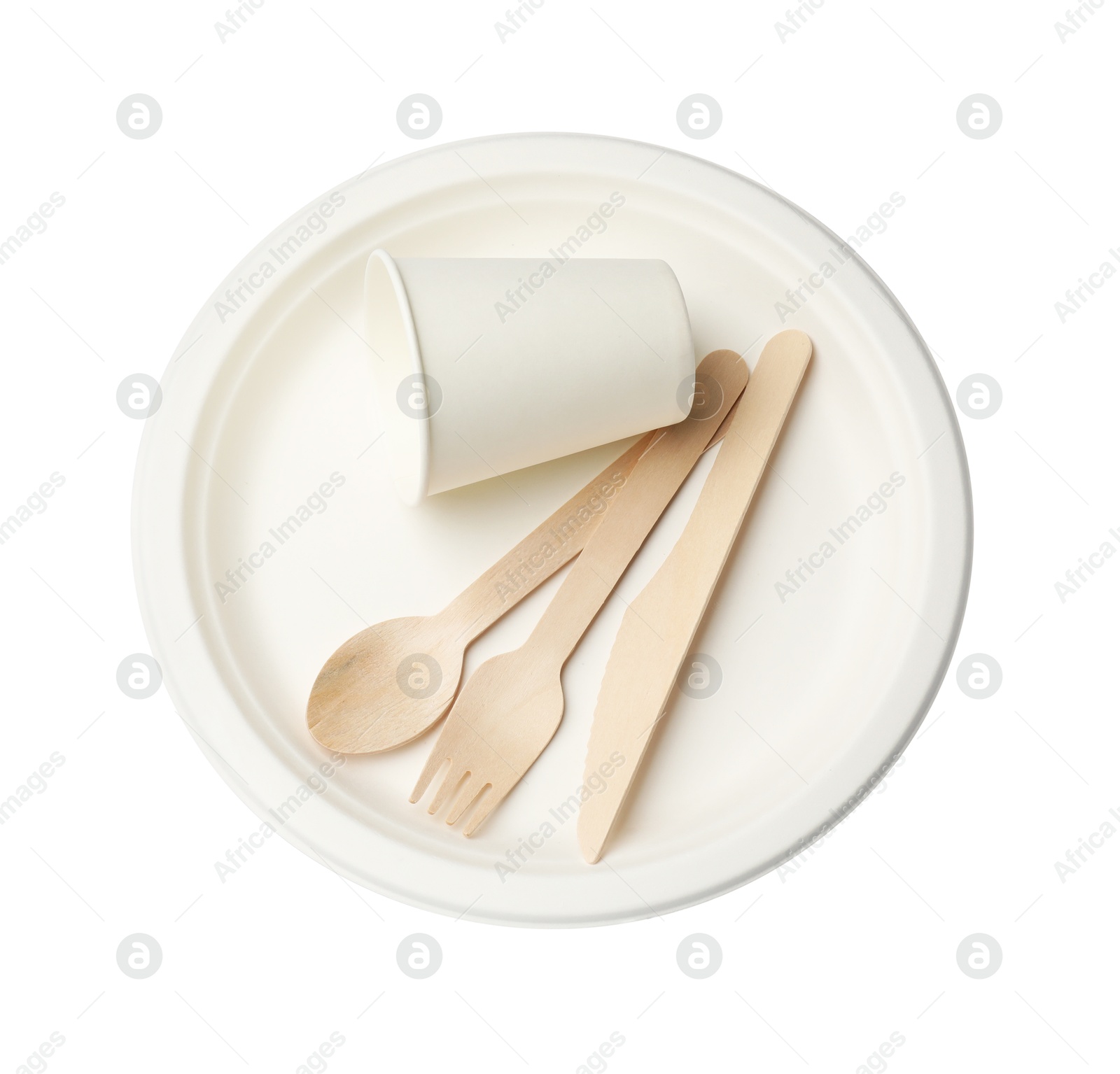 Photo of Set of disposable tableware isolated on white, top view