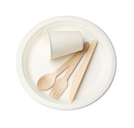 Photo of Set of disposable tableware isolated on white, top view