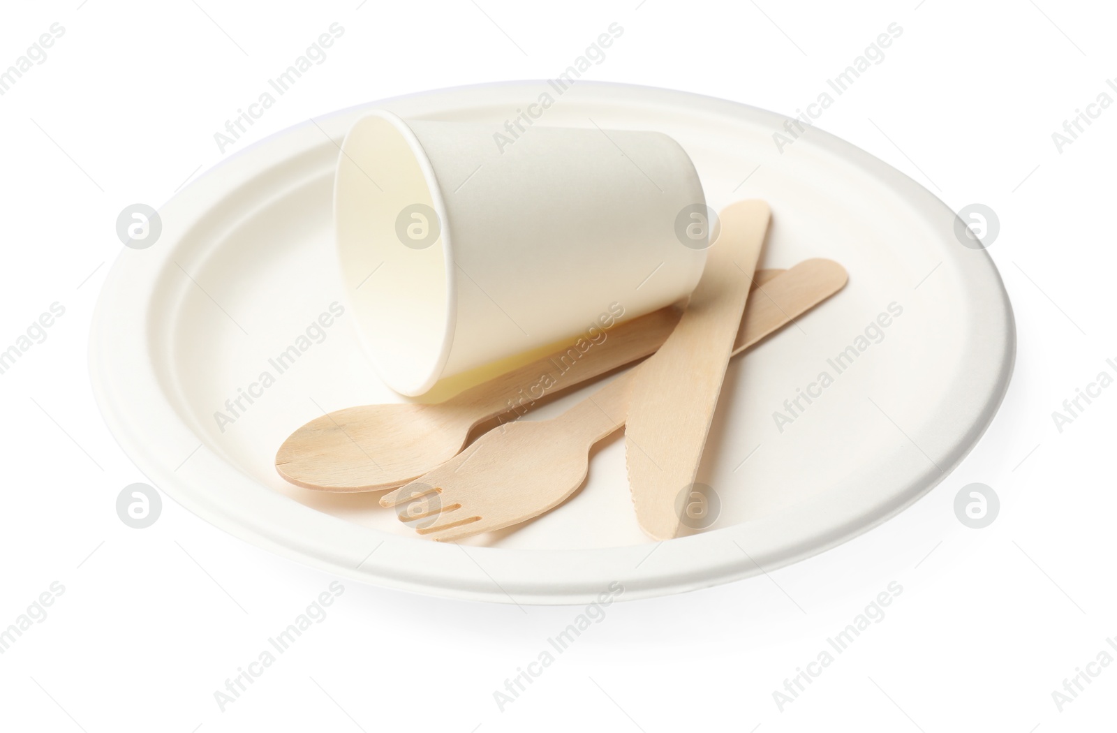Photo of Set of disposable tableware isolated on white