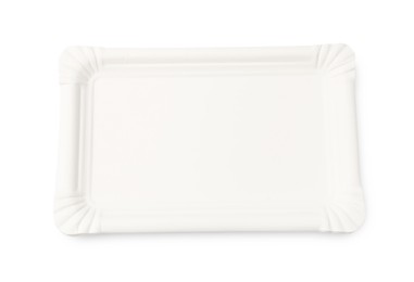 Photo of Set of disposable trays isolated on white, top view