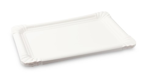 Photo of Set of disposable trays isolated on white