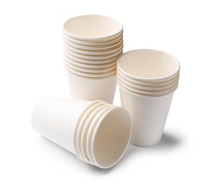 Photo of Set of disposable cups isolated on white