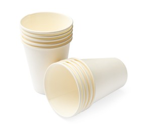 Photo of Set of disposable cups isolated on white