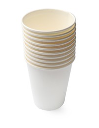 Photo of Set of disposable cups isolated on white