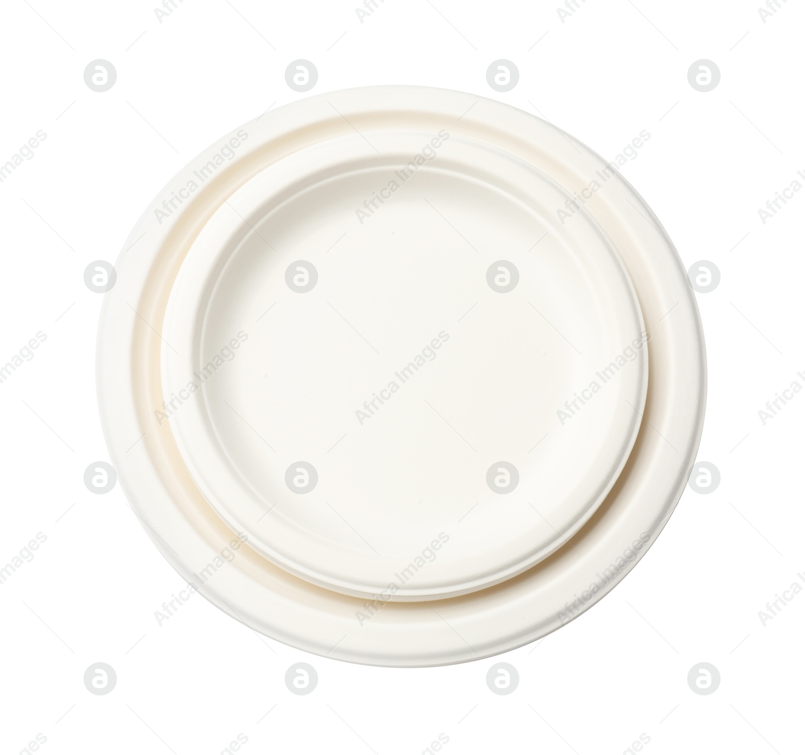 Photo of Set of disposable plates isolated on white, top view